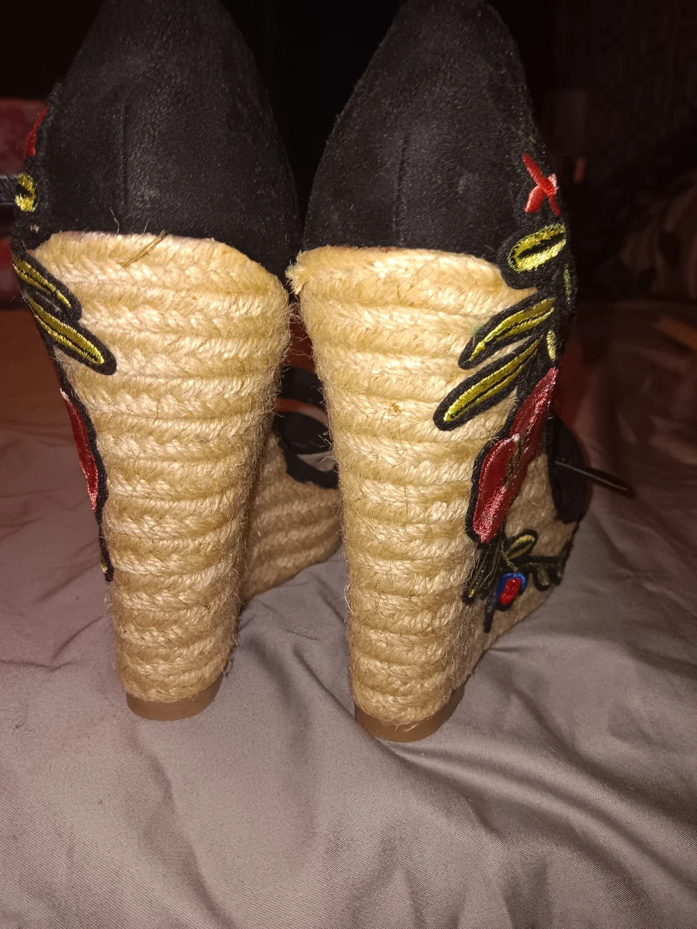 Women’s Black Wedge Espadrille with Embroidered Floral Detail